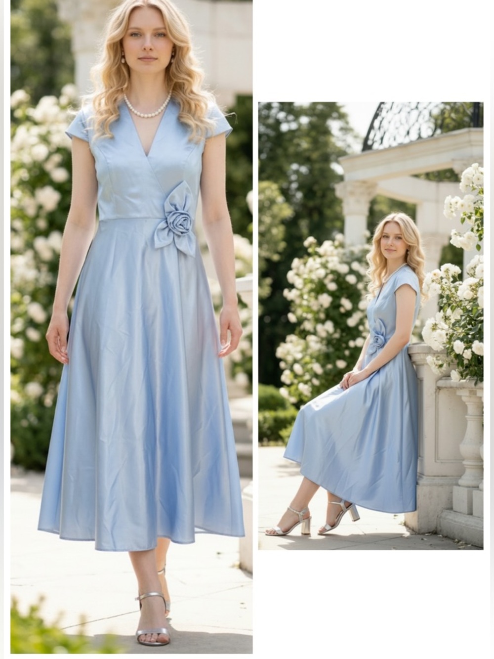Elegant blue satin maxi dress gown with 3d flower detail prom bridal ball modest